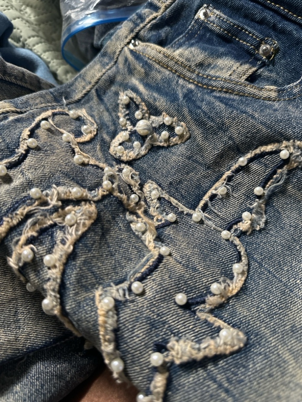 Source Unknown Blue Skinny Jeans with Pearl Butterfly Embellishments
